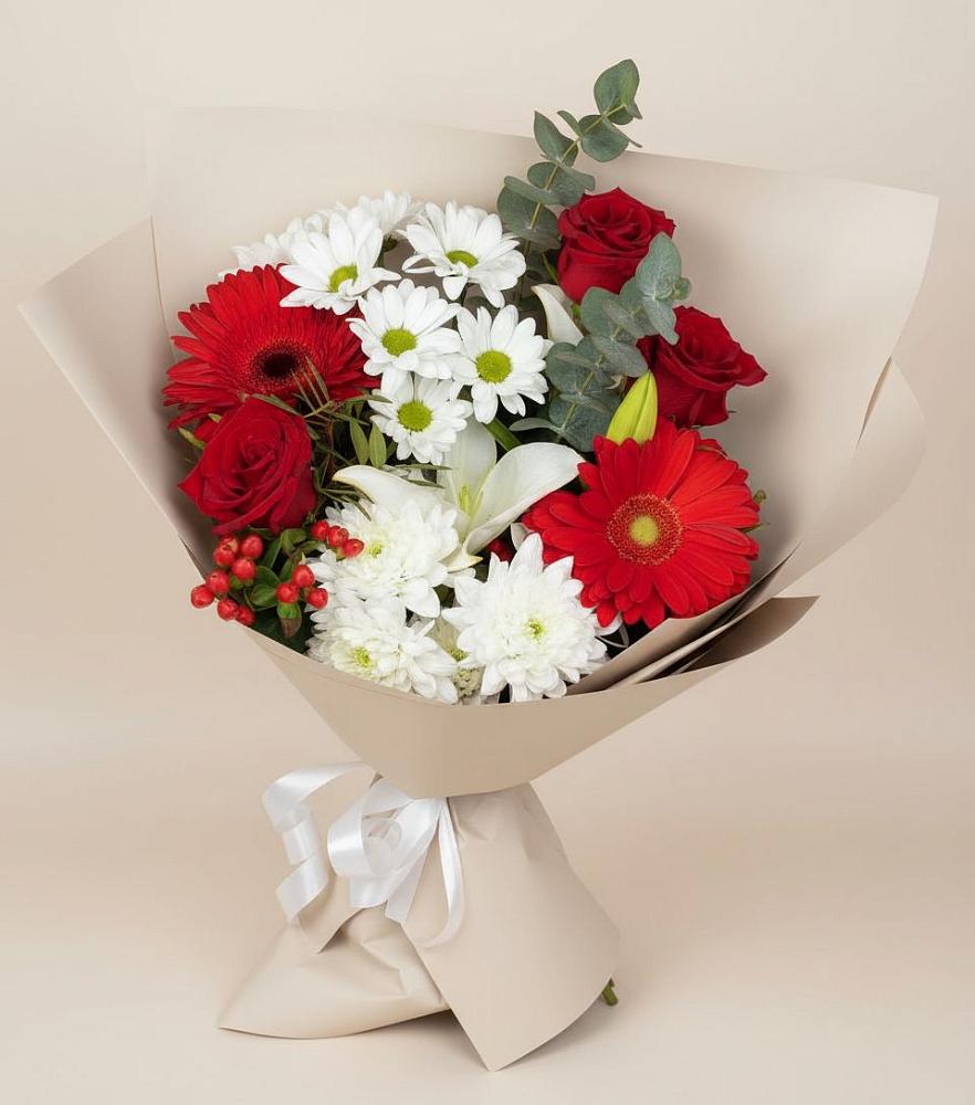 Букет цветов из: Розы, Хризантемы, Герберы и Лилии в Джедугхабль